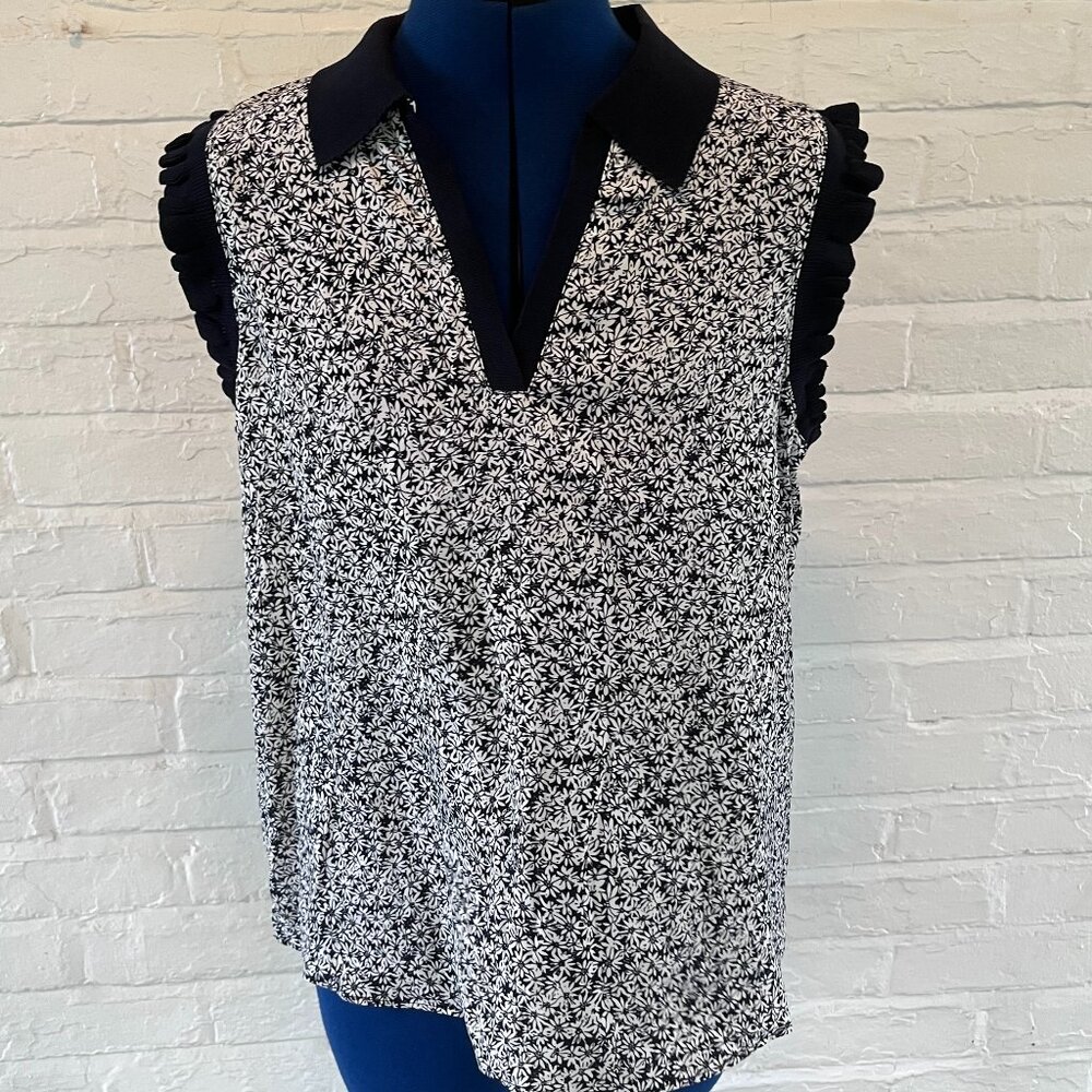 Navy and White Floral Collared Tank Shirt